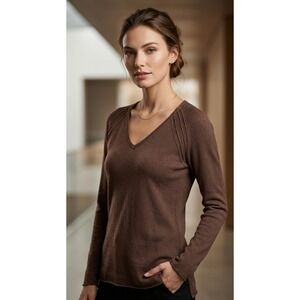 Cashmere Cotton Blend V-Neck Sweater Brown Long Sleeve Raised Seam Detail Small